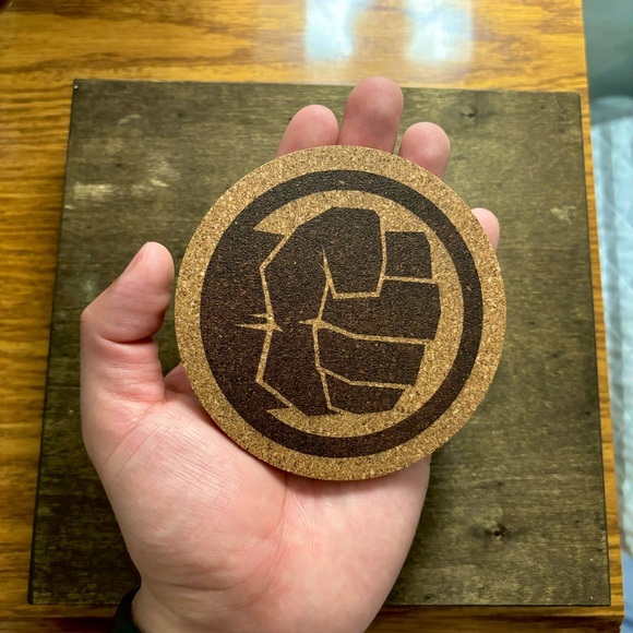 Hulk Symbol Laser Engraved Cork Coaster - Picture 3 of 5